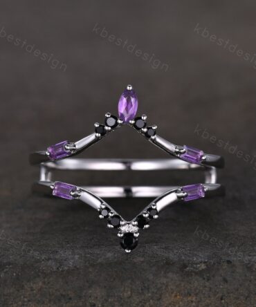 Amethyst curved wedding band baguette Amethyst double curved band Unique black spinel stacking matching band Bridal Anniversary ring