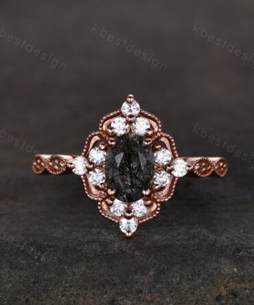 Vintage black rutilated quartz engagement ring 14k rose gold oval cut ring art deco moissanite wedding ring unique bridal promise ring