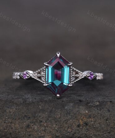 Antique Hexagon cut Alexandrite engagement ring 14k white gold amethyst ring vintage unique moissanite bridal wedding ring June birthstone