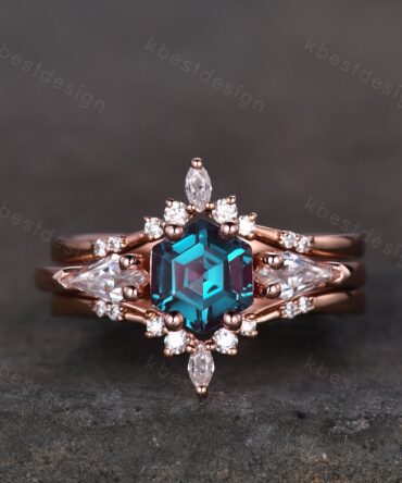 Vintage Alexandrite engagement ring set hexagon cut ring rose gold art deco three stone ring double curved Moissanite wedding band for women
