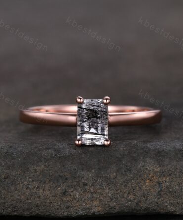 Emerald cut black rutilated quartz ring rose gold solitaire engagement ring minimalist ring delicate black stone ring anniversary ring