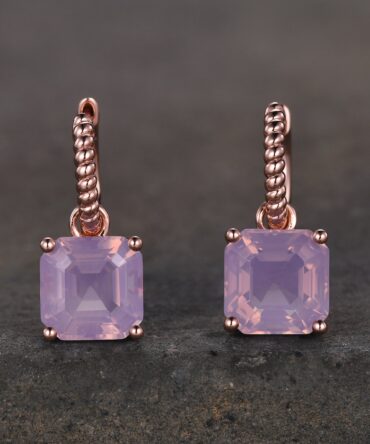 Asscher Lavender Amethyst Hoop Earrings / Dangling Amethyst Hoop Earrings / Rose Gold Twist Rope Hoop Earrings / Mothers Day Sale
