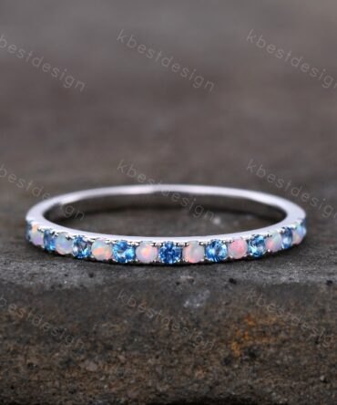 Half Eternity Blue Topaz Opal Wedding Band, Swiss Blue Topaz Wedding Ring, Opal Dainty Stacking Matching Band, Anniversary Ring Gift for Her