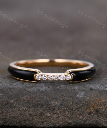 Unique Black Onyx Wedding Band Solid 14k Yellow Gold Rings Moissanite Wedding Band Half Eternity Band Vintage Bridal Anniversary Ring