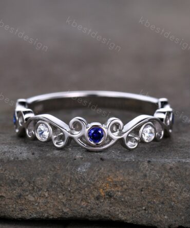 Antique Sapphire Moissanite Wedding Band Women Vintage Twig Floral Wedding Band Engagement Ring Band Bezel Set Bridal Anniversary Ring