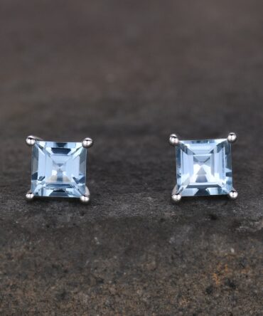 Genuine aquamarine stud earrings, princess cut aquamarine earring studs, 5mm AAA aquamarine studs, March birthstone, minimalist, tiny studs