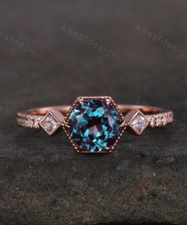 Round cut Alexandrite engagement ring vintage unique rose gold rings art deco milgrain moissanite wedding ring anniversary promise ring