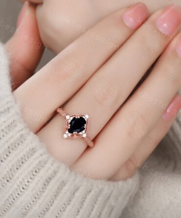 Vintage pear shaped black onyx engagement ring women rose gold rings unique art deco moissanite wedding ring Antique bridal Promise ring
