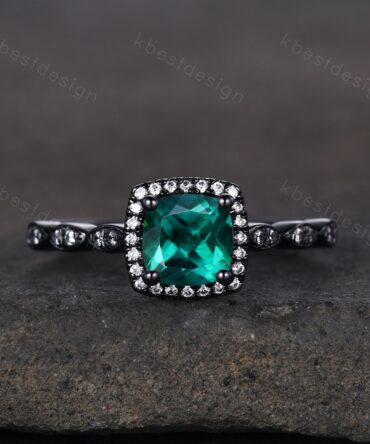 Cushion cut emerald ring black gold vintage emerald engagement ring May birthstone emerald ring art deco moissanite wedding promise ring