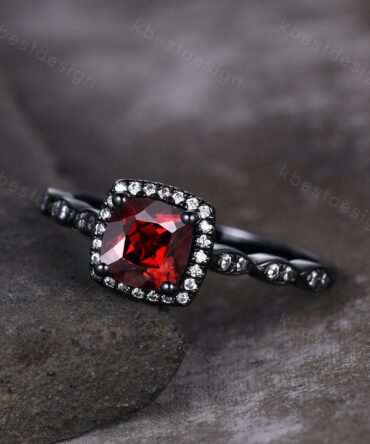 Unique red garnet ring vintage cushion cut garnet engagement ring 14k black gold ring January birthstone ring moissanite anniversary ring
