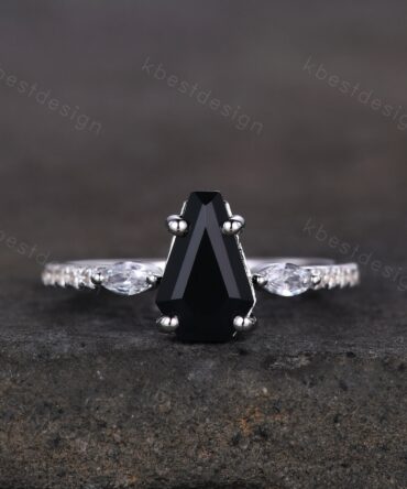 Coffin shaped black onyx engagement ring vintage white gold rings for women art deco marquise cut moissanite ring antique promise ring