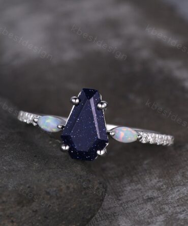 Coffin shaped blue sandstone engagement ring vintage art deco marquise cut opal wedding ring unique white gold coffin ring anniversary gift