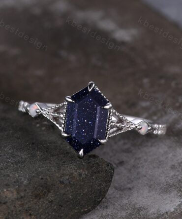 Elongated Hexagon cut Blue Sandstone Ring Art Deco Milgrain Opal Moissanite Wedding Ring Antique Multi Stone Engagement Ring Promise Ring