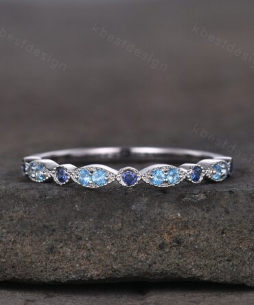 Blue Topaz Wedding Band Sterling Silver Sapphire Wedding Band Art Deco Half Eternity Band Unique Stacking Matching Band Anniversary Gift