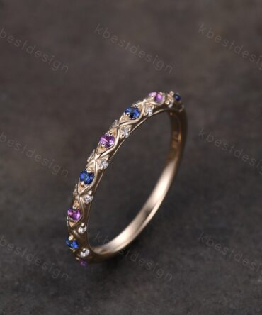 Antique Sapphire Wedding Band Women Solid 14K Yellow Gold Band Amethyst Wedding Band Vintage Stacking Matching Band Anniversary Ring