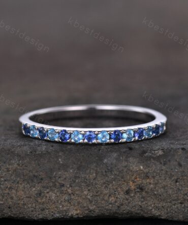 1.5mm Half eternity blue sapphire wedding band silver blue topaz band pave stacking matching band December birthstone ring gift for her
