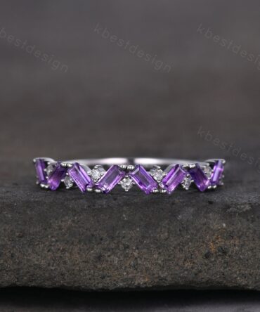 Baguette Amethyst Wedding Band Half Eternity Amethyst Moissanite Wedding Band Art deco Stacking Matching Band February Birthstone Ring
