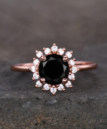 Round cut black onyx engagement ring Rose Gold rings for women Unique moissanite halo engagement ring black onyx Solitaire ring Bridal Ring