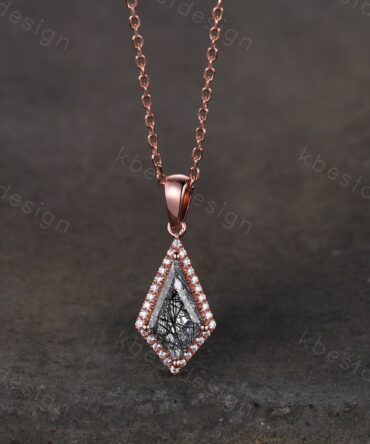 Kite cut black rutilated quartz necklace unique halo moissanite necklace pendant rose gold women black gemstone anniversary bridal gift