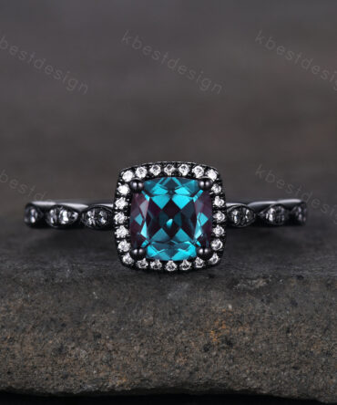 Unique cushion cut Alexandrite engagement ring art deco black gold ring color change Alexandrite ring moissanite anniversary ring for her