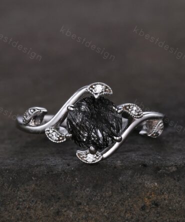 Round cut black rutilated quartz engagement ring vintage unique black gemstone ring art deco leaf style moissanite ring anniversary gift
