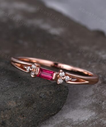Baguette cut Ruby wedding band delicate rose gold wedding band unique moissanite cluster ring minimalist bridal matching stackable band
