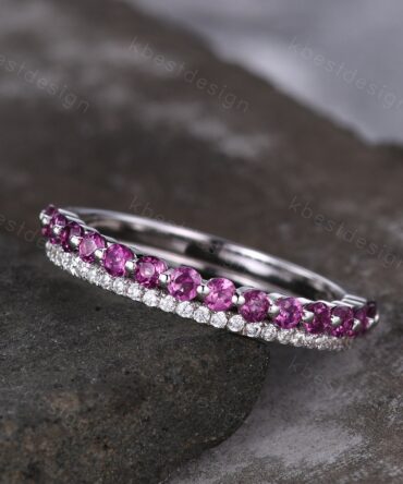 2mm Round cut pink tourmaline wedding band Vintage half eternity moissanite wedding ring Art deco bubble prong set bridal stacking band