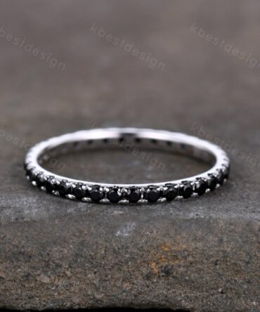 1.5mm Eternity Black Spinel Wedding Band Minimalist Pave Wedding Band White Gold Black Gemstone Stacking Band Anniversary Ring for Her