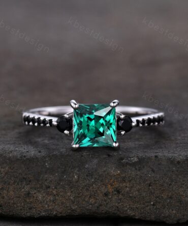 Princess Cut Green Emerald Engagement Ring Unique Black Spinel Ring Sterling Silver Ring Three stone ring May Birthstone Promise Ring