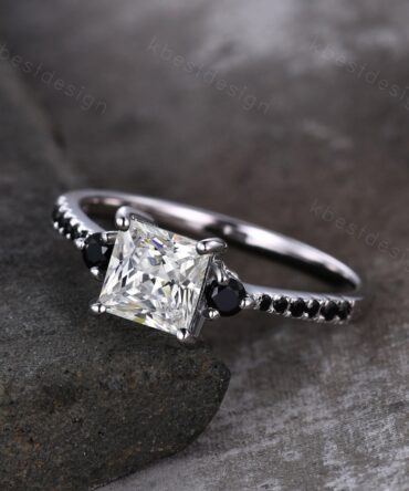 1.2ct princess cut Moissanite engagement ring vintage black spinel ring for women unique colorless moissanite bridal wedding ring