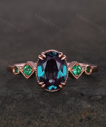 Alexandrite ring art deco vintage oval Alexandrite engagement ring five stone emerald ring women rose gold rings promise anniversary ring