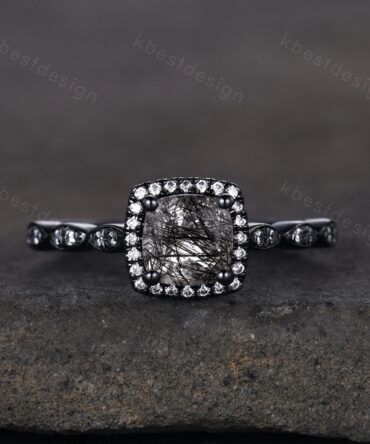 Cushion cut black rutilated quartz ring unique black gold engagement ring natural black stone ring art deco moissantie bridal wedding ring