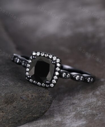 Cushion Cut Natural Black Onyx Engagement Ring Unique Black Gold Ring Vintage Halo Engagement Ring Art Deco Anniversary gift for women