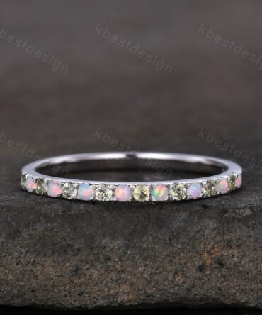 Half Eternity Peridot Opal Wedding Band, Silver Opal Wedding Band, Peridot Wedding Ring Dainty Stacking Matching Band, Anniversary Ring Gift