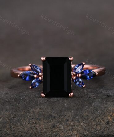 Emerald cut black onyx engagement ring rose gold unique marquise cut blue sapphire ring art deco black stone ring promise anniversary ring