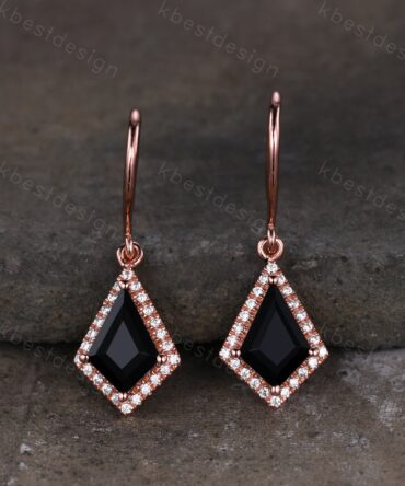 Vintage black onyx dangle drop earrings kite cut earrings art deco rose gold moissanite unique earrings for women anniversary gift