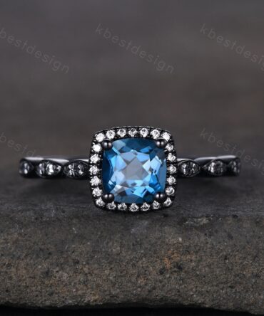 6mm cushion London blue topaz engagement ring vintage blue topaz ring for women black gold moissanite wedding ring bridal promise gift