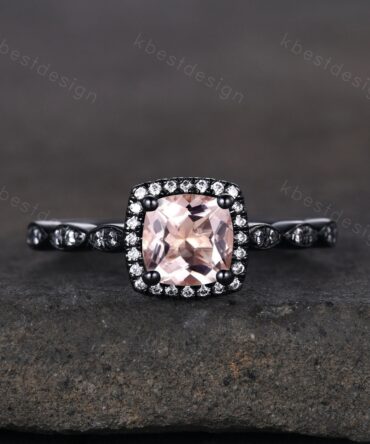 14K Black Gold Morganite Engagement Ring Cushion cut Peach Morganite Ring Unique Halo Engagement Ring Art Deco Moissanite Stacking Ring