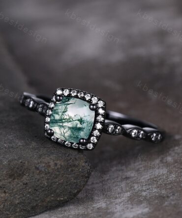 1ct Cushion cut green moss agate ring minimalist moissanite halo engagement ring black gold ring art deco bridal wedding ring women