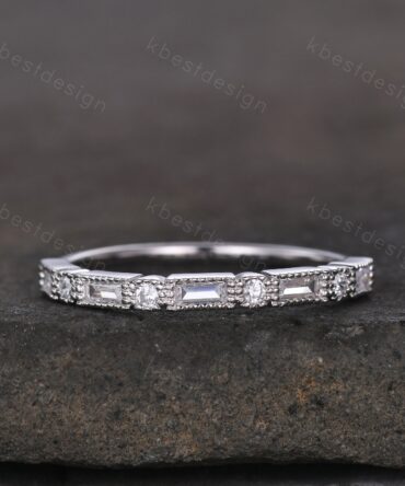 Baguette cut Moissanite wedding band unique art deco half eternity band for women wedding stacking matching band anniversary gift for her