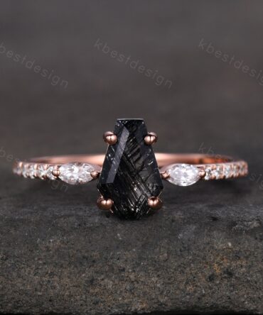 Coffin shaped black rutilated quartz engagement ring unique art deco Moissanite wedding ring white gold ring vintage bridal promise ring
