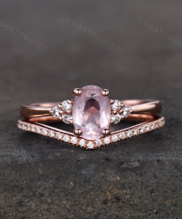 Unique rose quartz engagement ring 14k rose gold oval cut ring minimalist curved moissanite stacking band delicate bridal wedding ring set