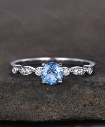 Dainty 5mm round cut blue topaz ring silver art deco blue topaz engagement ring unique moissanite wedding ring for women promise ring