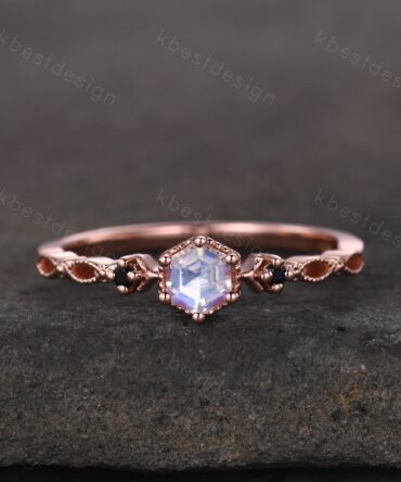 Vintage hexagon cut Moonstone engagement ring 14k rose gold art deco ring three stone antique black spinel ring women anniversary ring gift