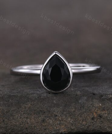 Peas shaped Black Onyx engagement ring vintage bezel set ring White gold solitaire engagement ring Bridal ring Anniversary gift for women