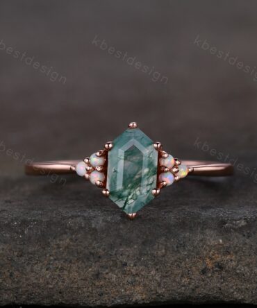Vintage long hexagon cut Moss Agate ring Rose gold green agate engagement ring unique opal wedding ring art deco cluster bridal ring
