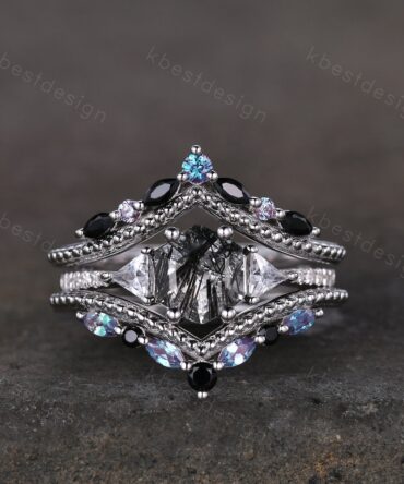 Art deco Black Rutilated Quartz engagement ring set unique white gold hexagon cut ring Double curved Alexandrite wedding band Bridal ring