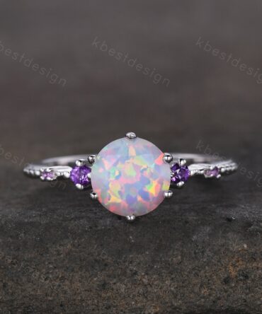 Round cut opal ring vintage white Opal engagement ring white gold Unique amethyst ring for women October birthstone ring anniversary ring