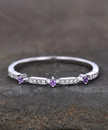 Delicate Amethyst Wedding Band Amethyst & Moissanite Wedding Band Half Eternity Matching Band Stackable Minimalist Bridal Anniversary Ring