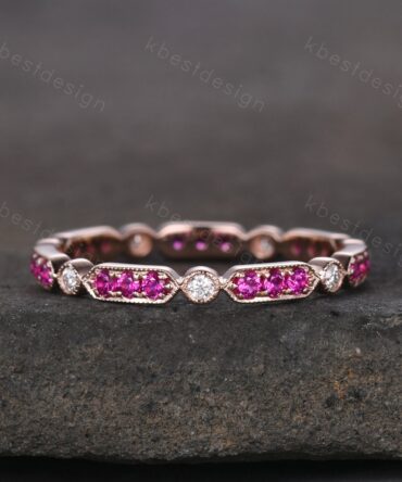 Vintage Ruby wedding band rose gold ruby moissanite wedding ring unique art deco eternity band July birthstone ring anniversary gift
